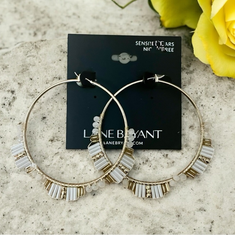 Lane Bryant White & Gold Beaded Hoop Earrings
